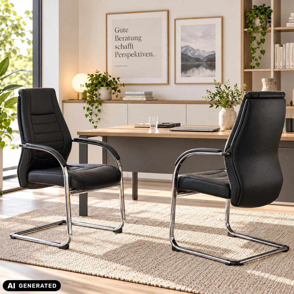 Deux chaises cantilever VITORO V noires à un bureau de hjh OFFICE (image générée par IA)