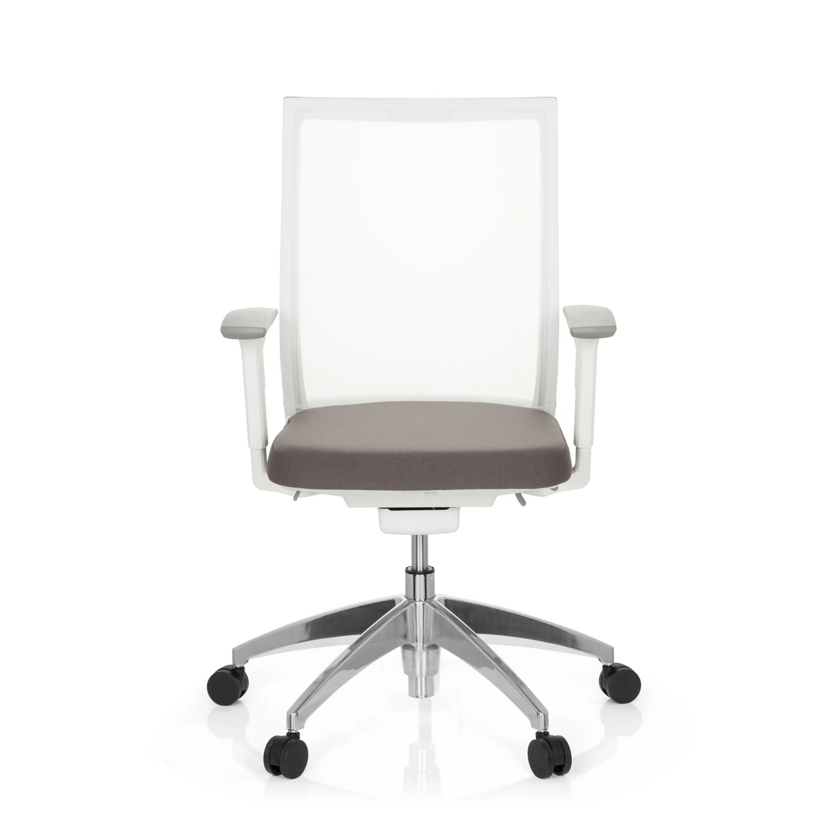Siège de bureau de qualité professionnelle ASPEN WHITE gris et blanc, dossier maille et base à roulettes de hjh OFFICE – vue à 360° (vue de face 0°)