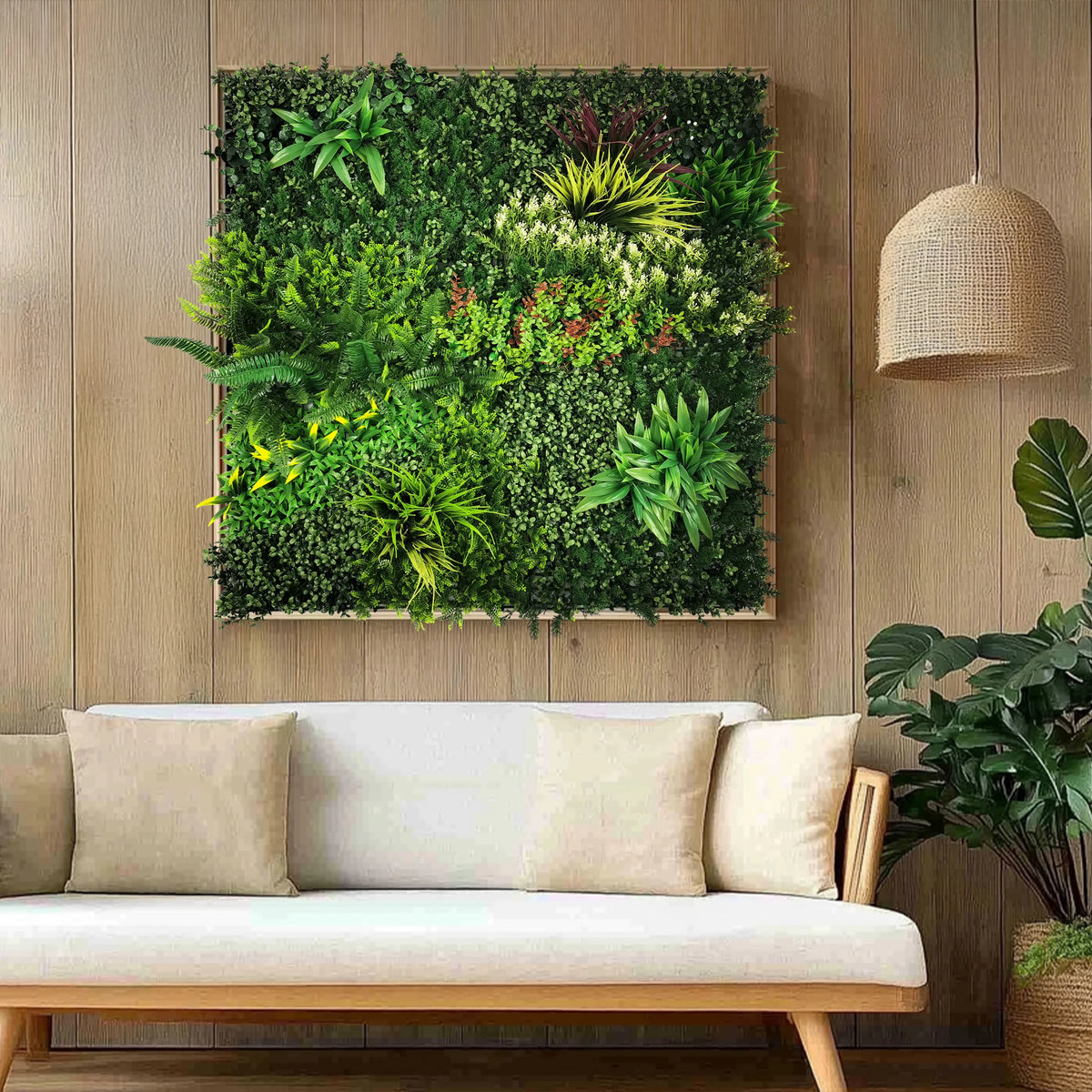 Tapis végétal vert LEAFLUXE 3D avec diverses plantes artificielles dans un cadre en bois de hjh LIVING