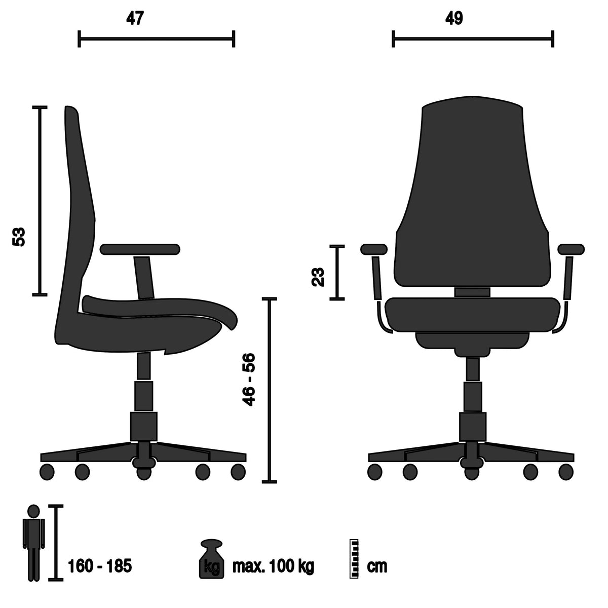 Dessin technique du Siège de bureau à domicile SOLAO CORD d'une largeur de 49 cm de hjh OFFICE