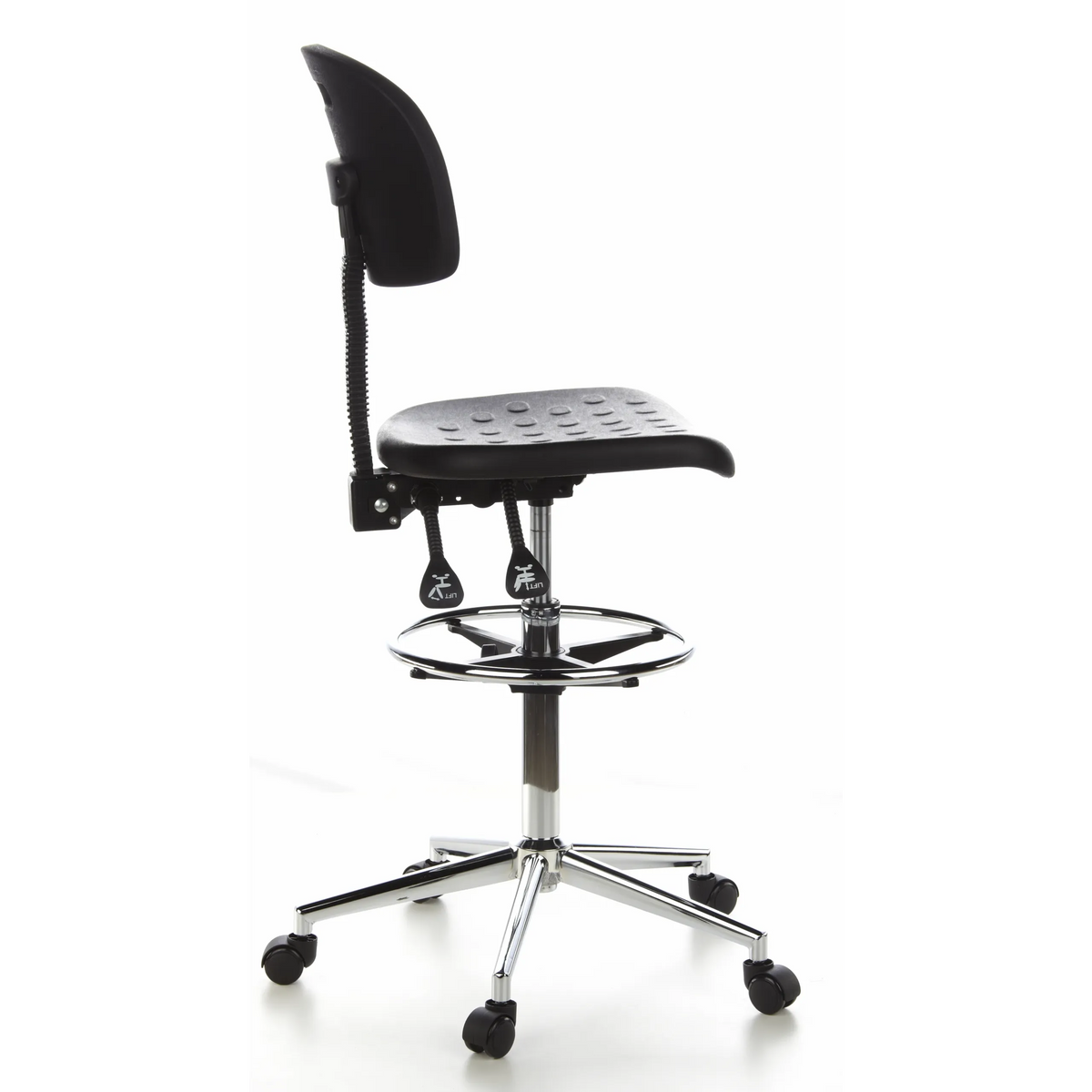 Chaise de comptoir noire TOP WORK 23 avec repose-pieds et piètement à cinq roulettes de hjh OFFICE – vue à 360° (vue de profil 100°)