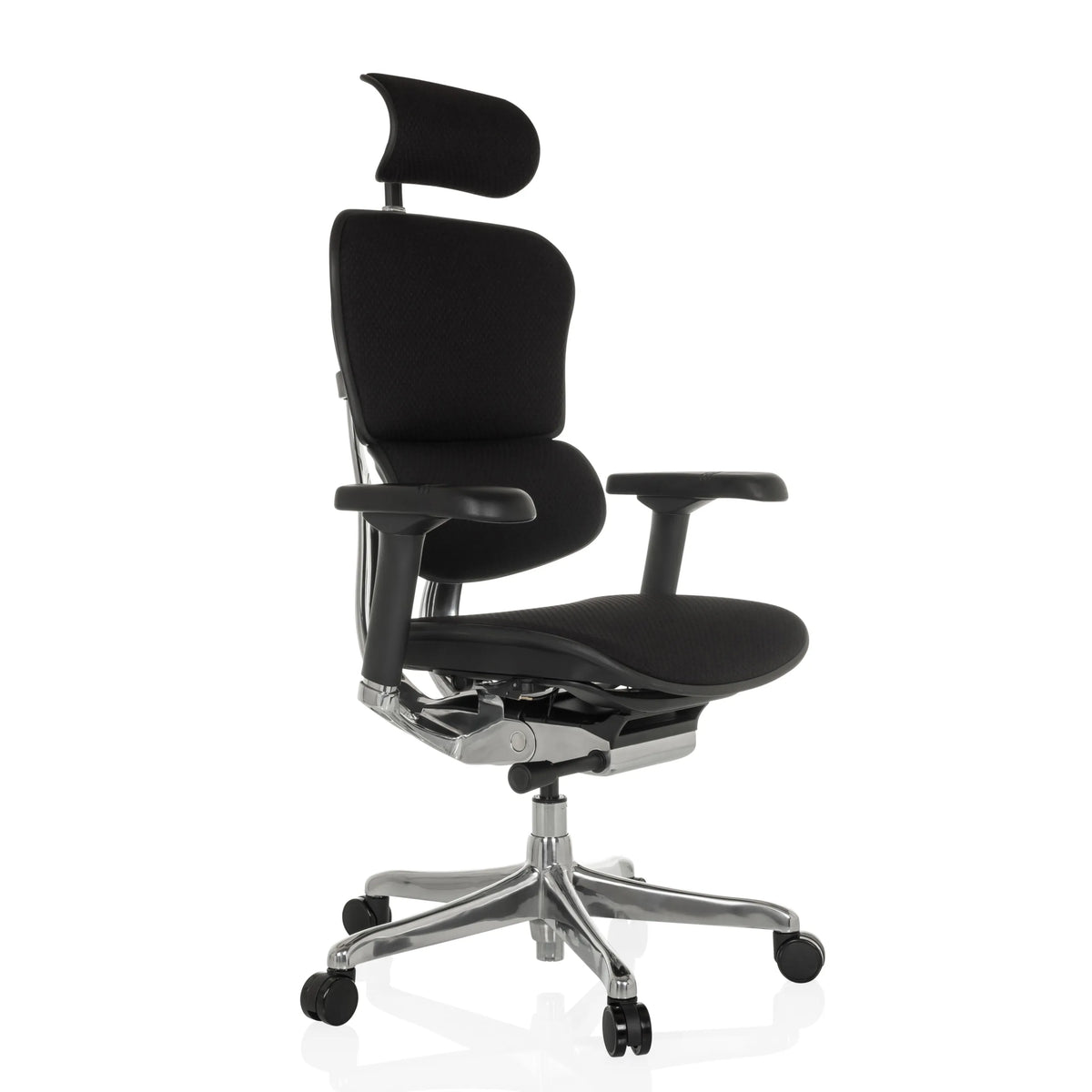 Siège de direction de luxe ERGOHUMAN GEN2 noir avec appui-tête, accoudoirs et pied à cinq roulettes de hjh OFFICE – vue à 360° (vue de trois quarts avant 45°)