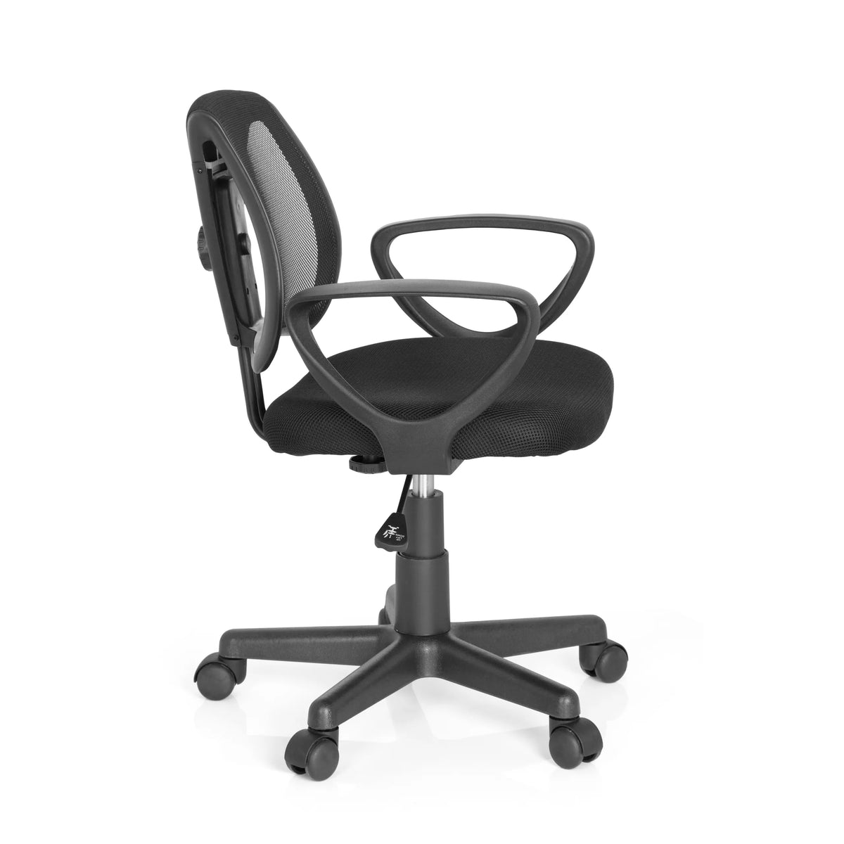 Chaise pivotante pour des enfants KIDDY CD noire avec dossier en maille et base à cinq roulettes de hjh OFFICE – vue à 360° (vue de profil 80°)