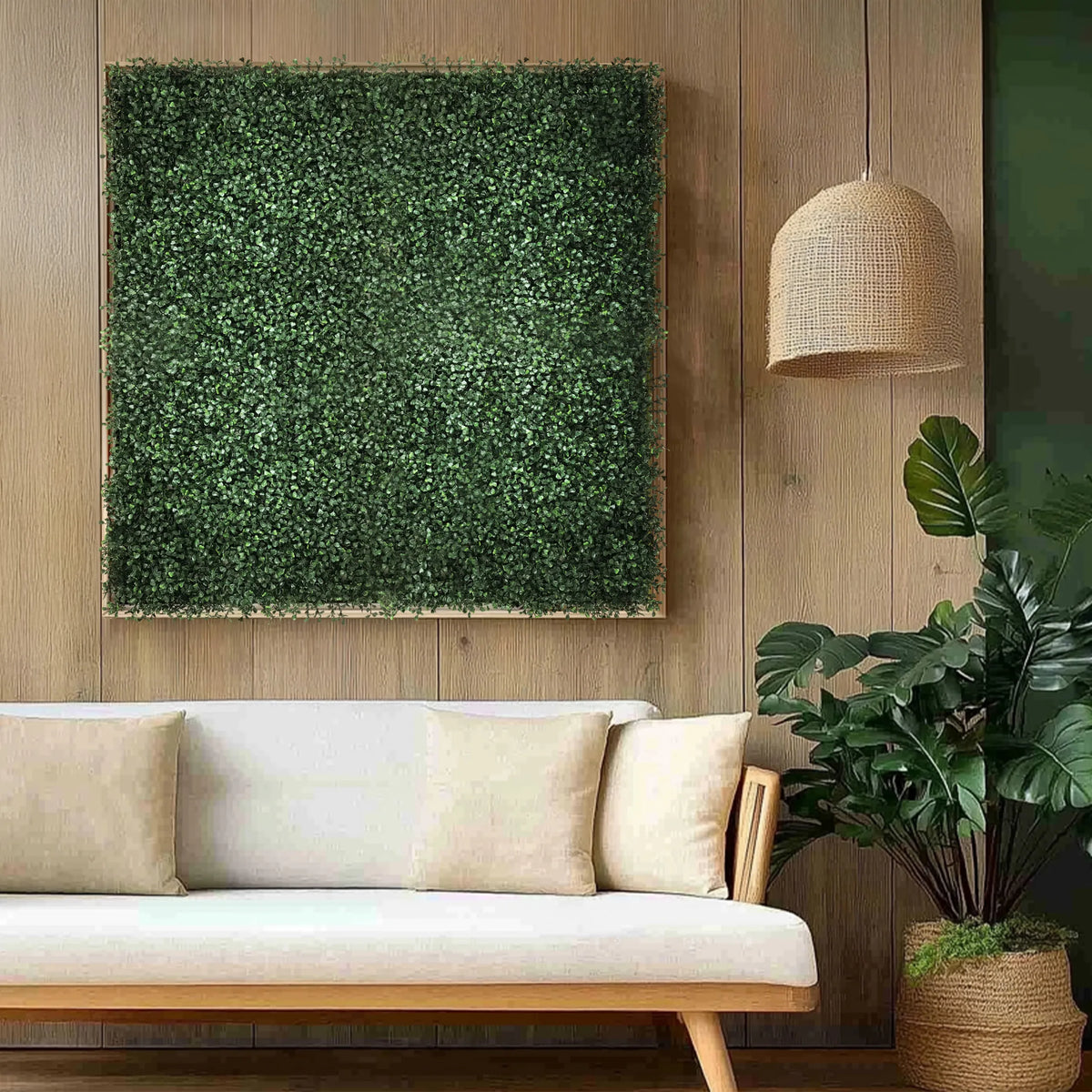 Tapis végétal vert LEAFLUXE 1 en élément mural carré au-dessus d'un canapé clair de hjh LIVING