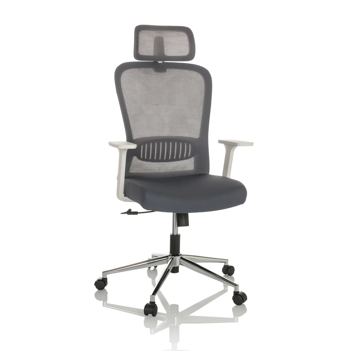 Siège de bureau à domicile BELAIA W gris avec dossier en maille, appuie-tête et base à cinq roulettes de hjh OFFICE – vue à 360° (vue de face 15°)
