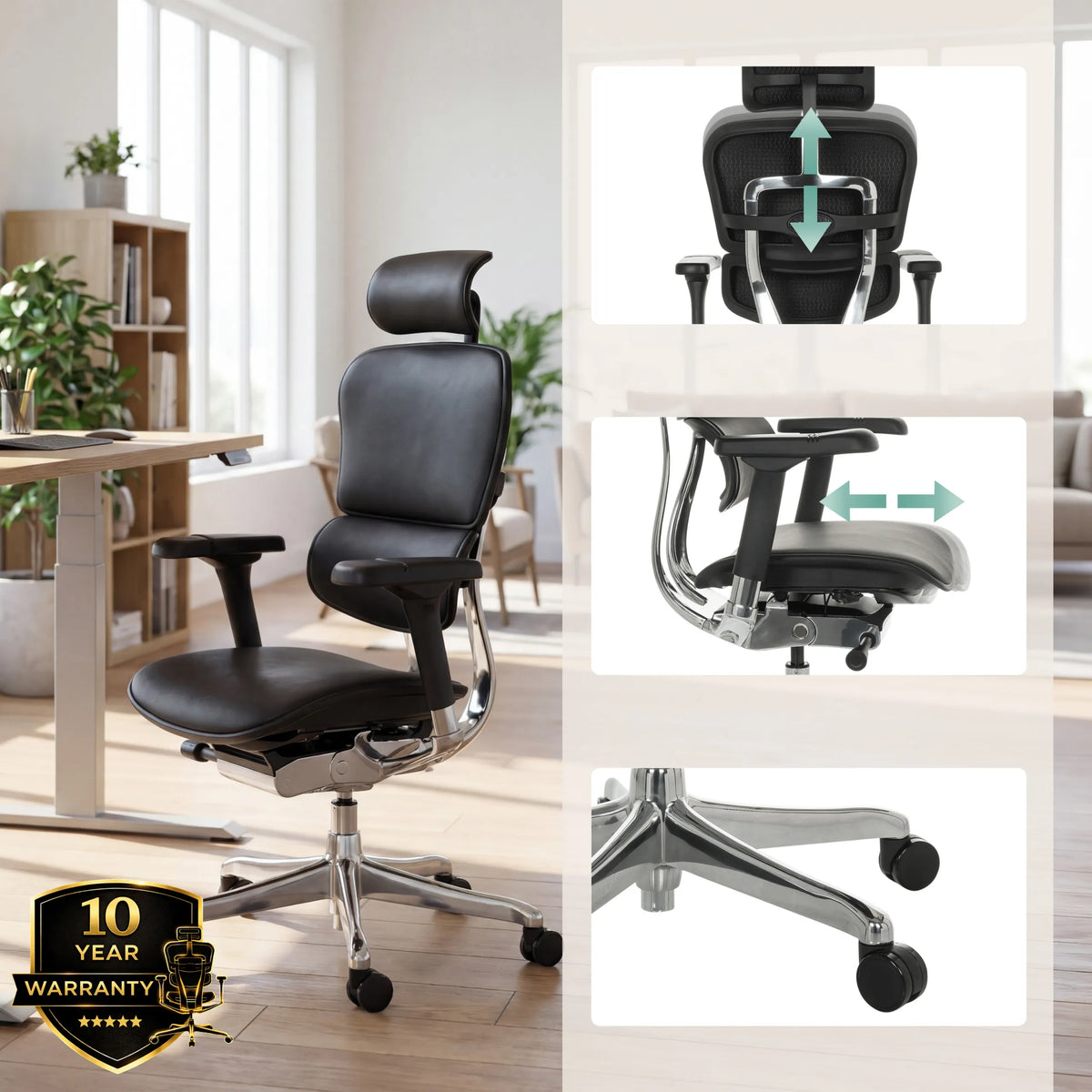 Siège de direction de luxe ERGOHUMAN GEN2 en cuir noir avec appui-tête et accoudoirs réglables de hjh OFFICE
