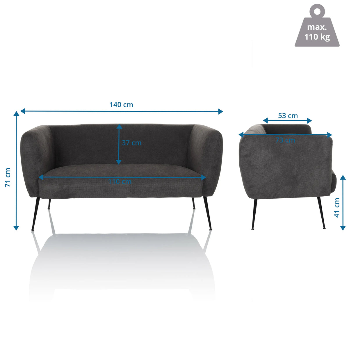 Dessin coté du canapé lounge HAYRIVER d'une largeur de 140 cm et d'une profondeur de 73 cm de hjh LIVING