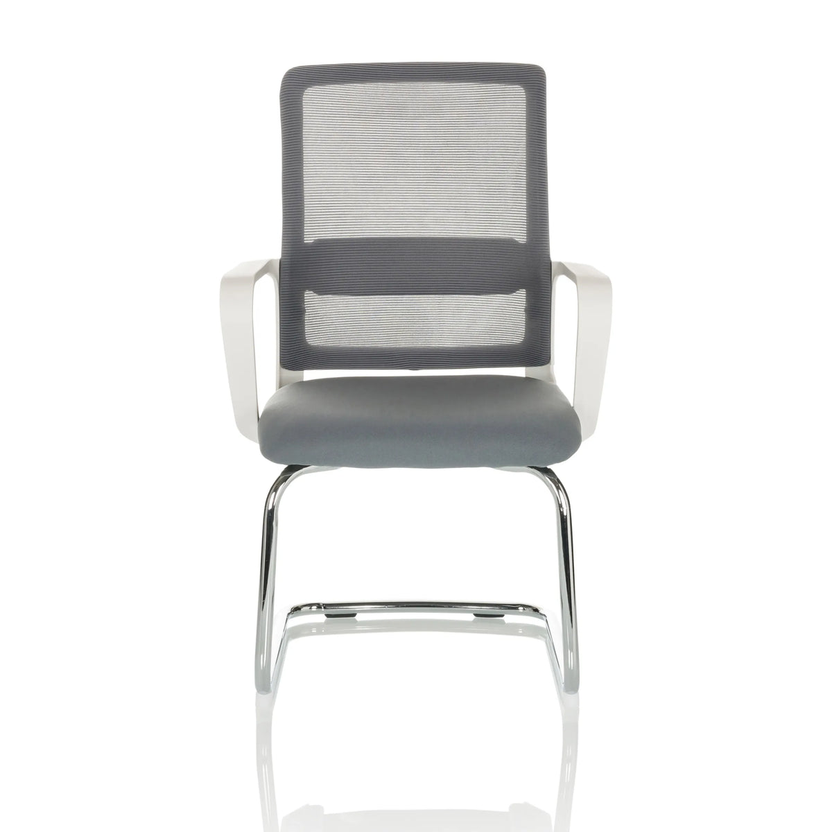 Chaise cantilever VISITER W grise avec dossier en maille, accoudoirs et structure chromée de hjh OFFICE – vue à 360° (vue de face 0°)