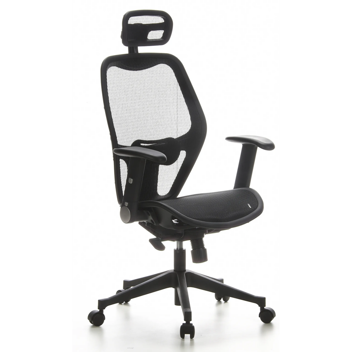 Siège de bureau de qualité professionnelle AIR-PORT noir, dossier maille, appui-tête et base à 5 roulettes de hjh OFFICE – vue à 360° (vue de trois quarts avant 40°)