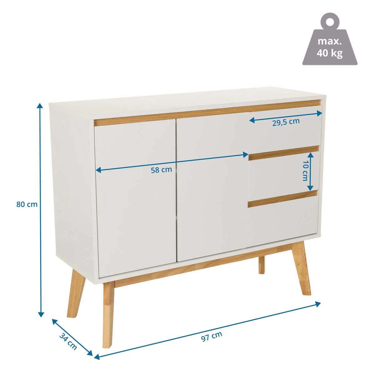 Dessin coté du Buffet TAROLO I d'une largeur de 97 cm et d'une hauteur de 80 cm de hjh LIVING