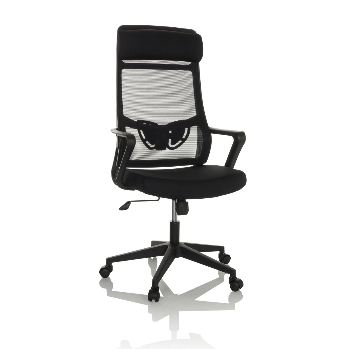 Schwarzer Homeoffice-Bürostuhl NEKEO mit Netzrücken und Fußkreuz mit fünf Rollen von hjh OFFICE – 360-Grad-Ansicht (Frontansicht 15°)