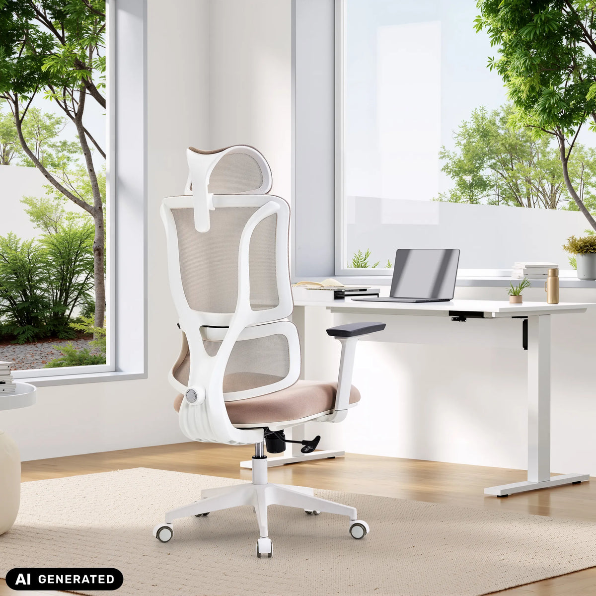 Siège de bureau de qualité professionnelle ERGOMY W beige avec cadre blanc et dossier en maille à un bureau de MyBuero (image générée par IA)