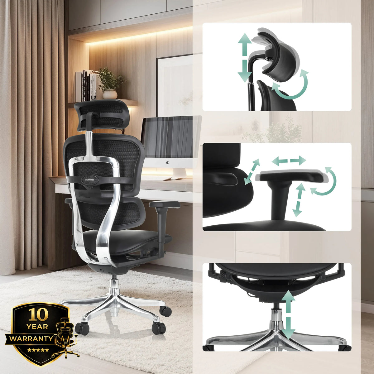 Appui-tête, assise et vérin à gaz réglables du Siège de direction de luxe ERGOHUMAN ULTRA L GEN2 de hjh OFFICE