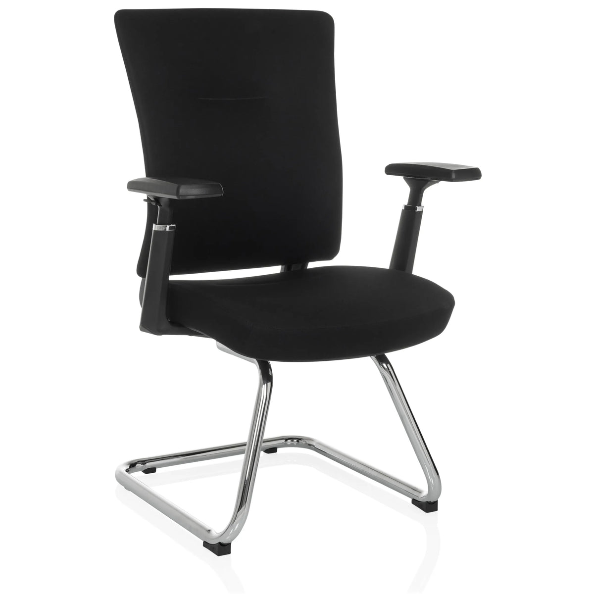 Schwarzer Freischwinger CAPTIVO PRO V mit Armlehnen und Stoffbezug von hjh OFFICE – 360-Grad-Ansicht (schräge Frontansicht 30°)