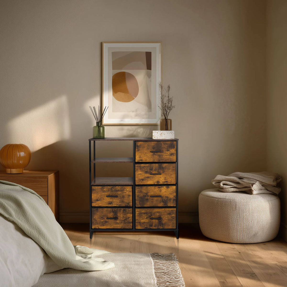 Commode RAGALA en chêne fumé avec structure en métal noir et six tiroirs de hjh LIVING