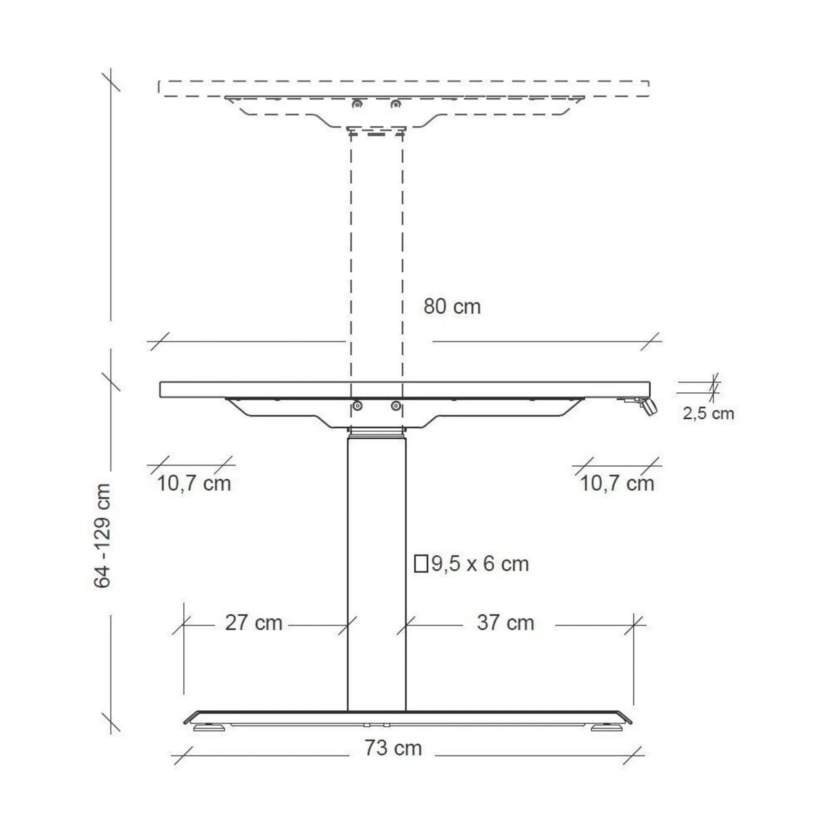 Dessin coté du bureau à hauteur réglable électriquement XDKB 12 S avec une plage de hauteur de 64-129 cm de hjh OFFICE PRO