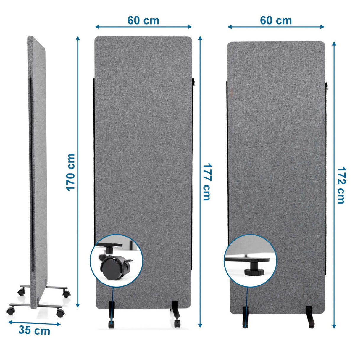 Dessin coté de la Cloison de séparation FLEXMIUT de 177 × 60 cm avec roulettes de hjh OFFICE