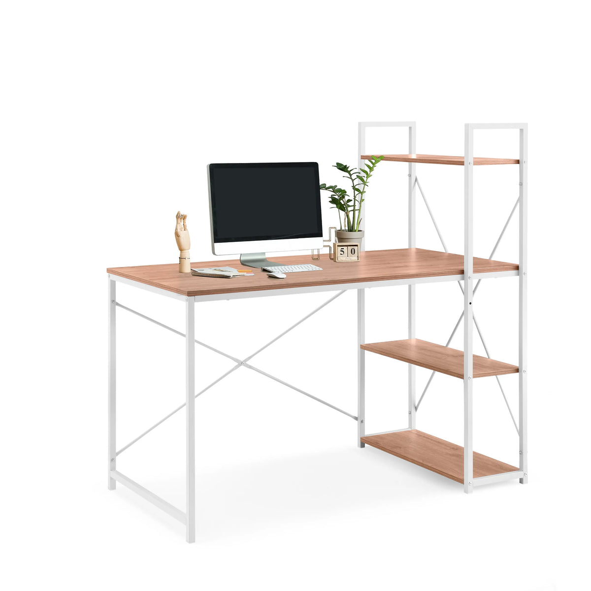 Bureau Easy Up3 en blanc et chêne avec étagère intégrée et trois surfaces de rangement de hjh LIVING