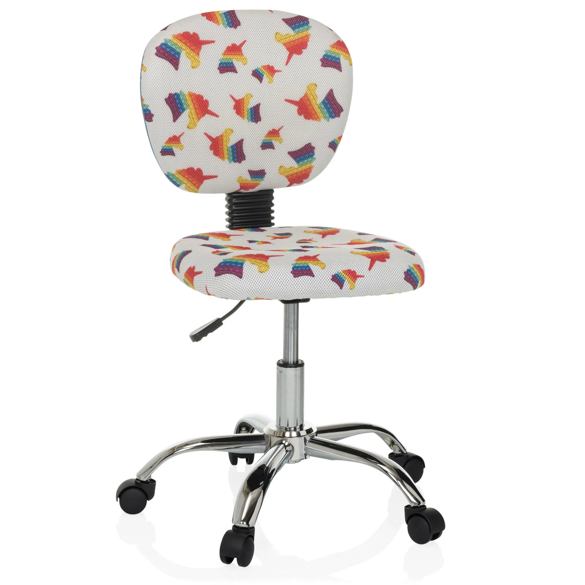 Chaise pivotante pour des enfants KID BUBBLE avec motif arc-en-ciel coloré et base à cinq roulettes de hjh OFFICE – vue à 360° (vue de face 15°)