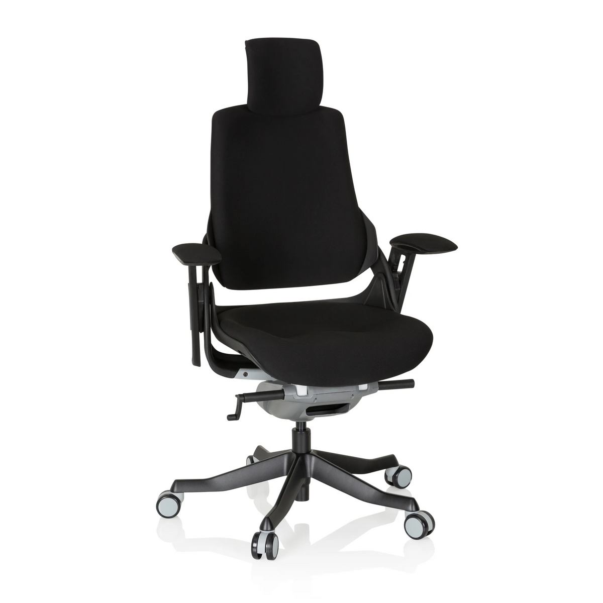 Siège de bureau de qualité professionnelle SPEKTRE BLACK noir avec appui-tête, accoudoirs et base à roulettes de hjh OFFICE – vue à 360° (vue de face 20°)