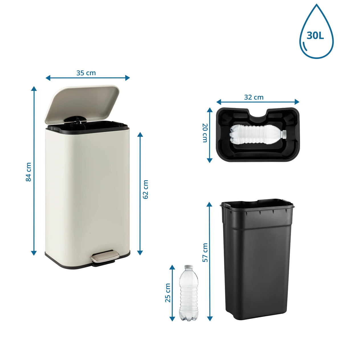 Dessin coté de la Poubelle Clean 1 avec 84 x 35 cm et une capacité de 30 l de hjh OFFICE