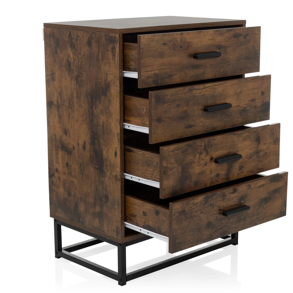 Commode marron VINSTRA avec quatre tiroirs ouverts et structure en métal noir de hjh LIVING
