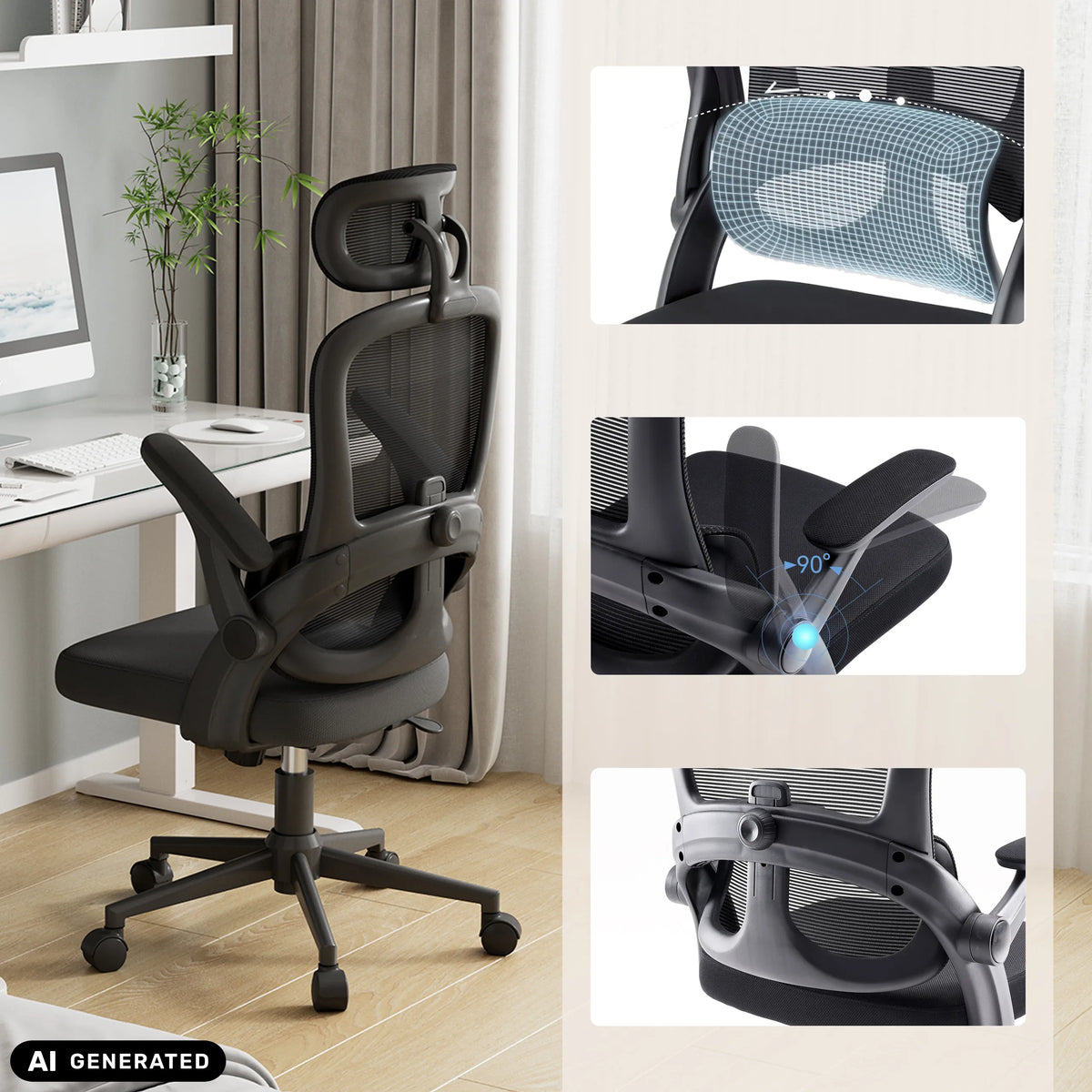 Siège de bureau de qualité professionnelle MC102C-M101 en noir avec accoudoirs réglables et dossier en maille de Sihoo (image générée par IA)