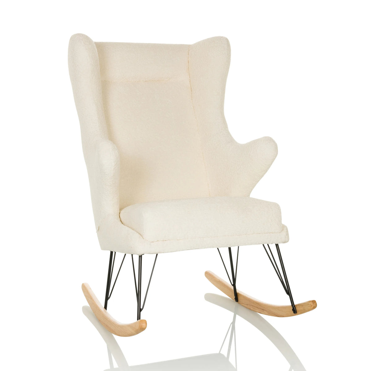 Fauteuil de salon blanc MAPOON comme fauteuil à bascule avec patins en bois et métal de hjh LIVING – vue à 360° (vue de face 15°)