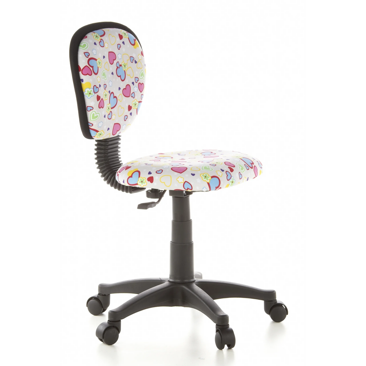 Chaise pivotante pour des enfants KIDDY TOP avec motif coloré de cœurs et de fleurs et base à cinq roulettes de hjh OFFICE – vue à 360° (vue de trois quarts avant 60°)