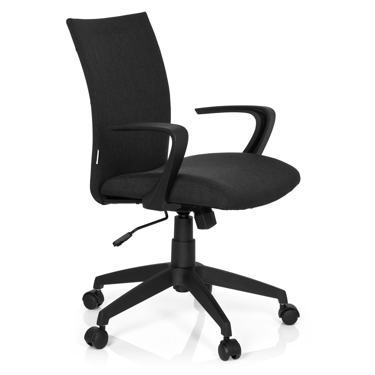 Schwarzer Homeoffice-Bürostuhl SOFT mit Armlehnen und Fußkreuz mit fünf Rollen von hjh OFFICE – 360-Grad-Ansicht (schräge Frontansicht 60°)