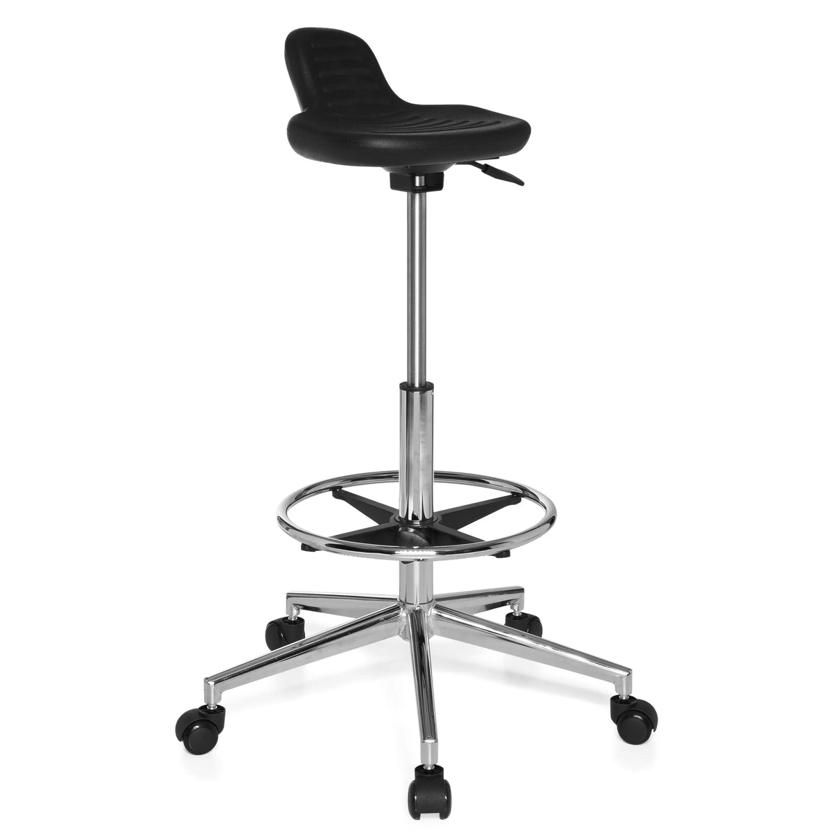 Tabouret pivotant noir TOP WORK 03 avec repose-pieds et base à cinq roulettes de hjh OFFICE – vue à 360° (vue de trois quarts avant 40°)