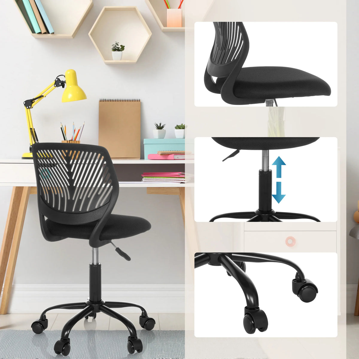 Chaise pivotante pour enfants KID QB en noir avec vérin à gaz réglable en hauteur et roulettes pour le télétravail de hjh OFFICE