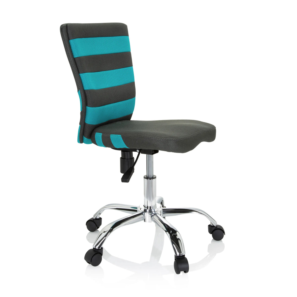 Chaise pivotante pour enfants KIDDY COMFORT I grise avec des rayures turquoise dans le dossier en maille et un piètement à cinq roulettes de hjh OFFICE – vue à 360° (vue de trois quarts avant 60°)