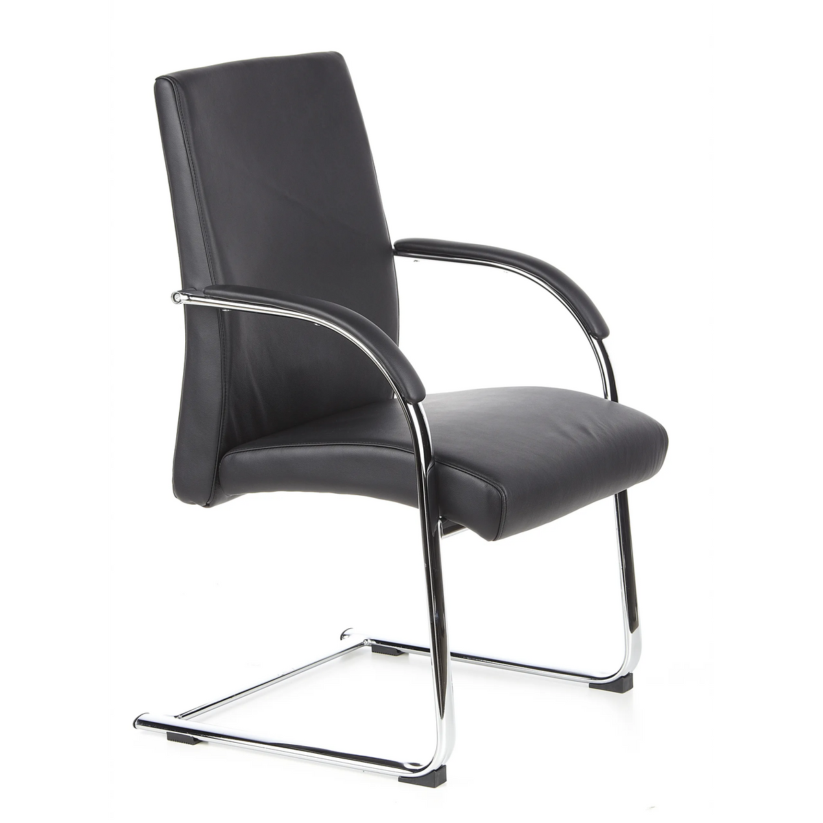 Chaises cantilever BAROLO V noires avec accoudoirs et piètement luge chromé de hjh OFFICE – vue à 360° (vue de trois quarts avant 60°)