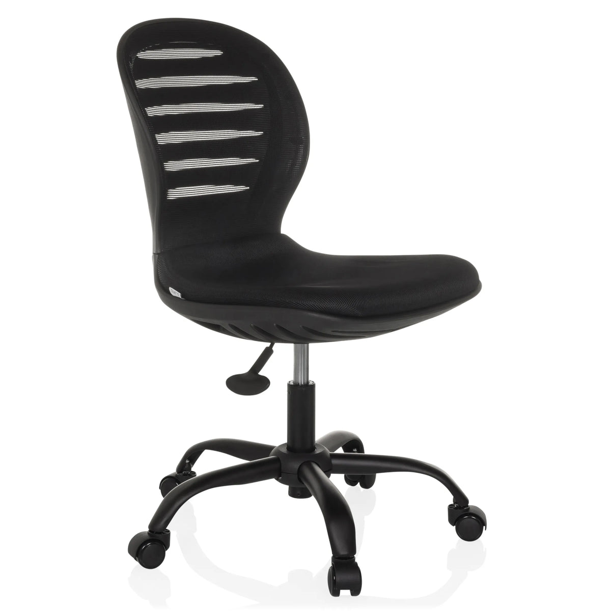 Siège de bureau à domicile CASLA noir avec dossier en maille et base à cinq roulettes de hjh OFFICE – vue à 360° (vue de trois quarts avant 45°)