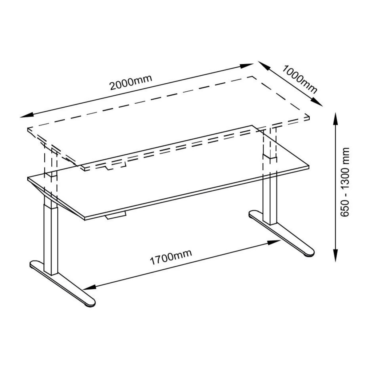 Dessin technique du bureau XBHM 2E GG de 2000 × 1000 mm de hjh OFFICE PRO