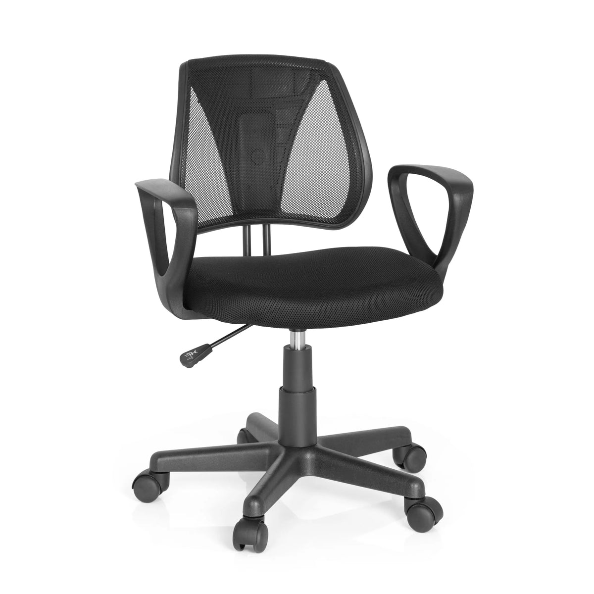 Chaise pivotante pour des enfants KIDDY CD noire avec dossier en maille et base à cinq roulettes de hjh OFFICE – vue à 360° (vue de face 20°)