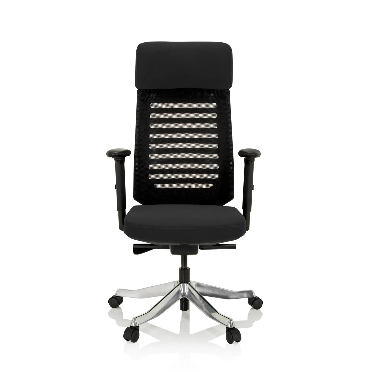 Siège de bureau de qualité professionnelle ASGON noir avec dossier en maille et piètement à cinq roulettes de hjh OFFICE – vue à 360° (vue de face 0°)
