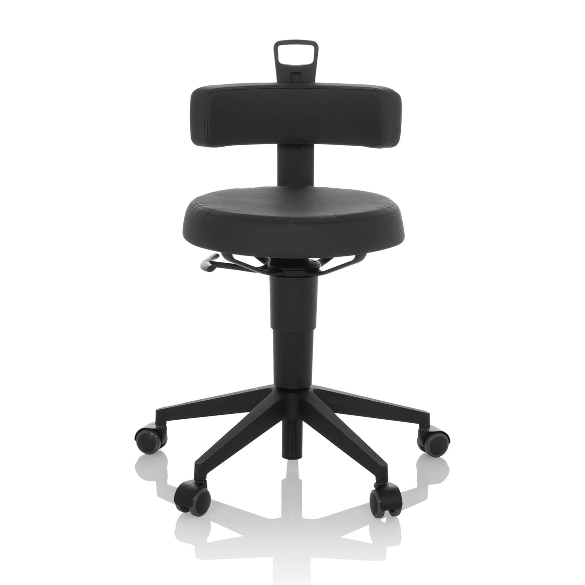 Tabouret pivotant TOP WORK FLEX PU noir en similicuir avec dossier et base à cinq roulettes de hjh OFFICE – vue à 360° (vue de face 0°)