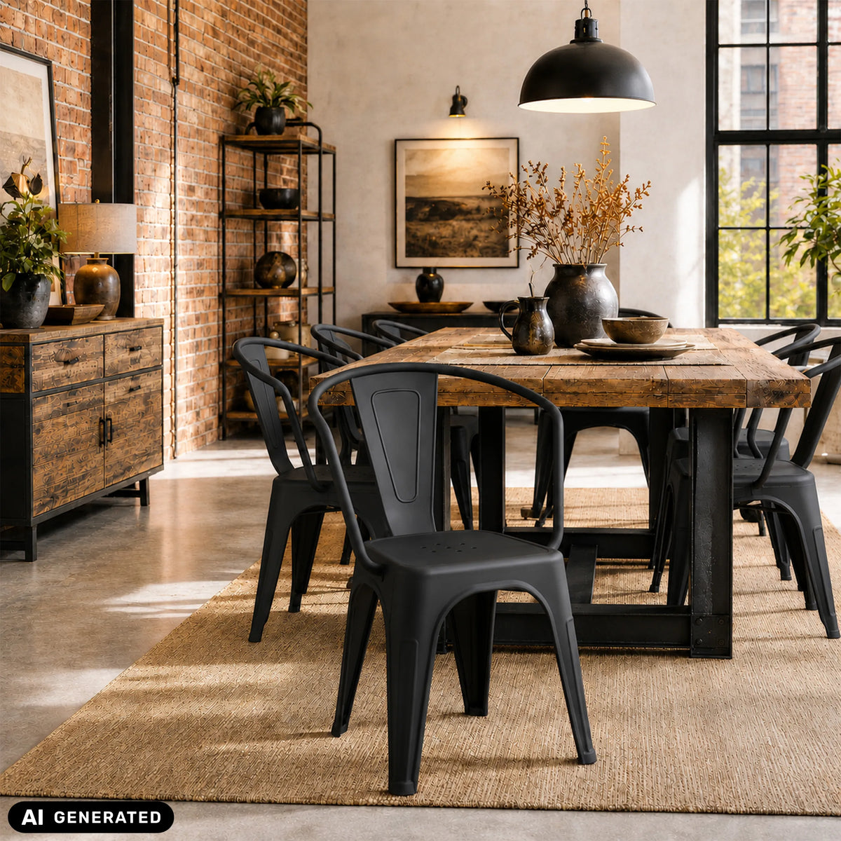 Chaises de bistrot Vantaggio Poly noires à une table en bois rustique de hjh OFFICE (image générée par IA)