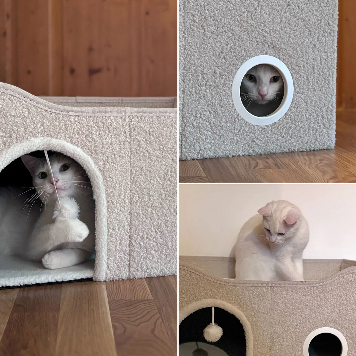 Grotte pour chat PAWY EB beige avec une entrée ronde, une balle de jeu et un chat blanc de hjh LIVING