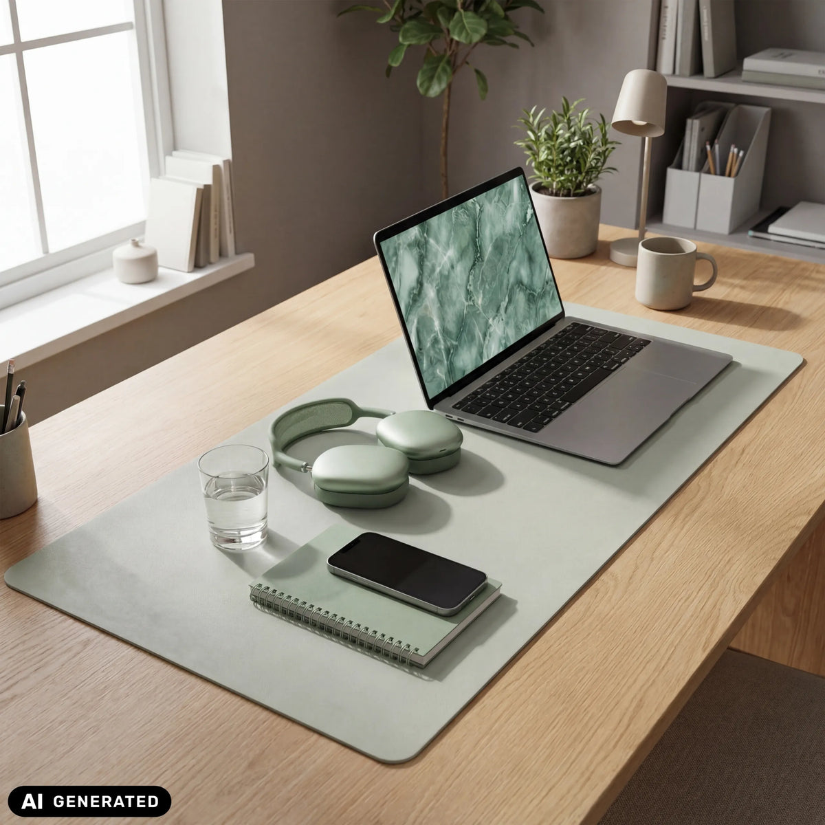 Sous-main de bureau Padflux Clean vert clair sur une table en bois avec un ordinateur portable et accessoires de hjh OFFICE (image générée par IA)