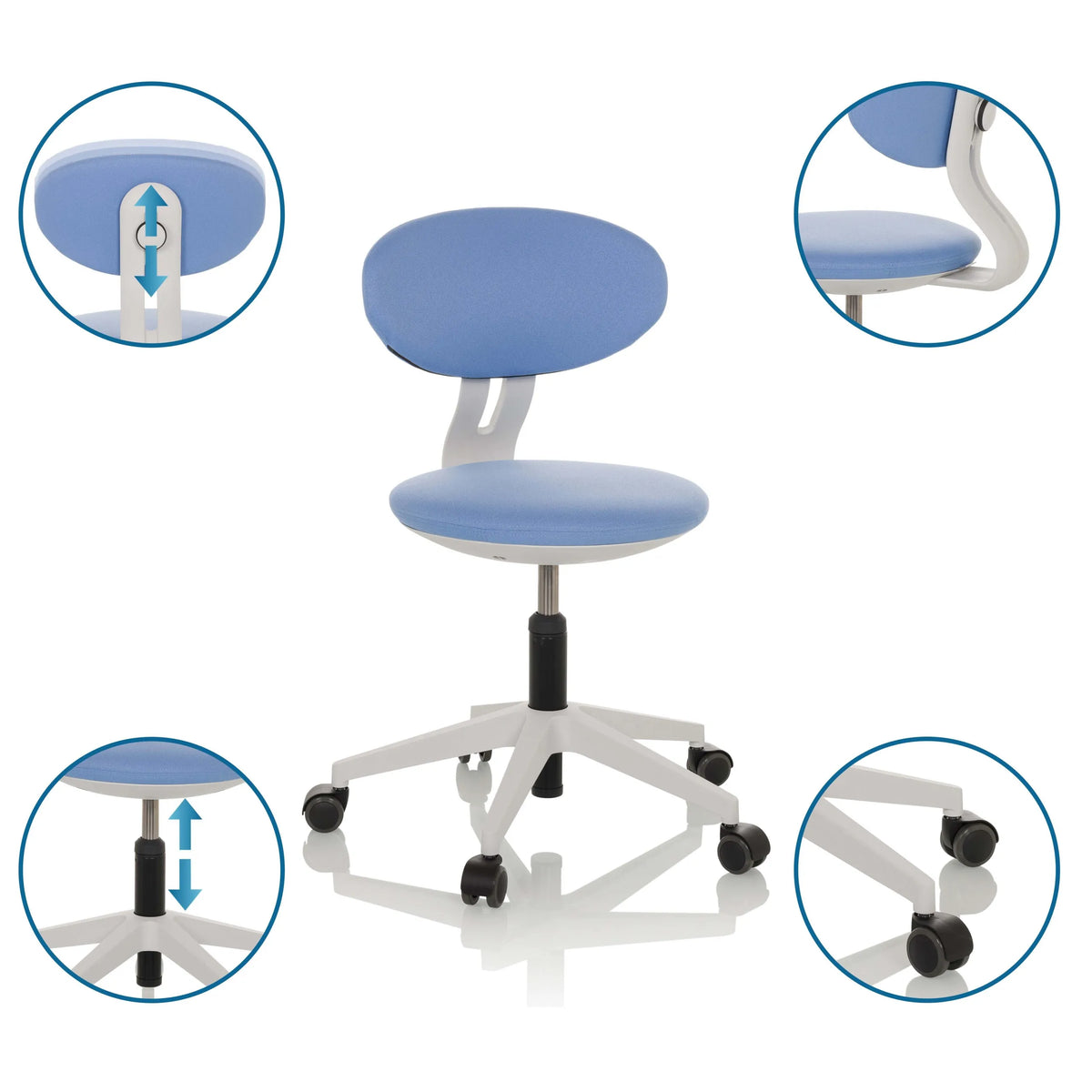 Chaise pivotante pour enfants MINIMOVO bleue avec dossier, hauteur d'assise et roulettes réglables de hjh OFFICE