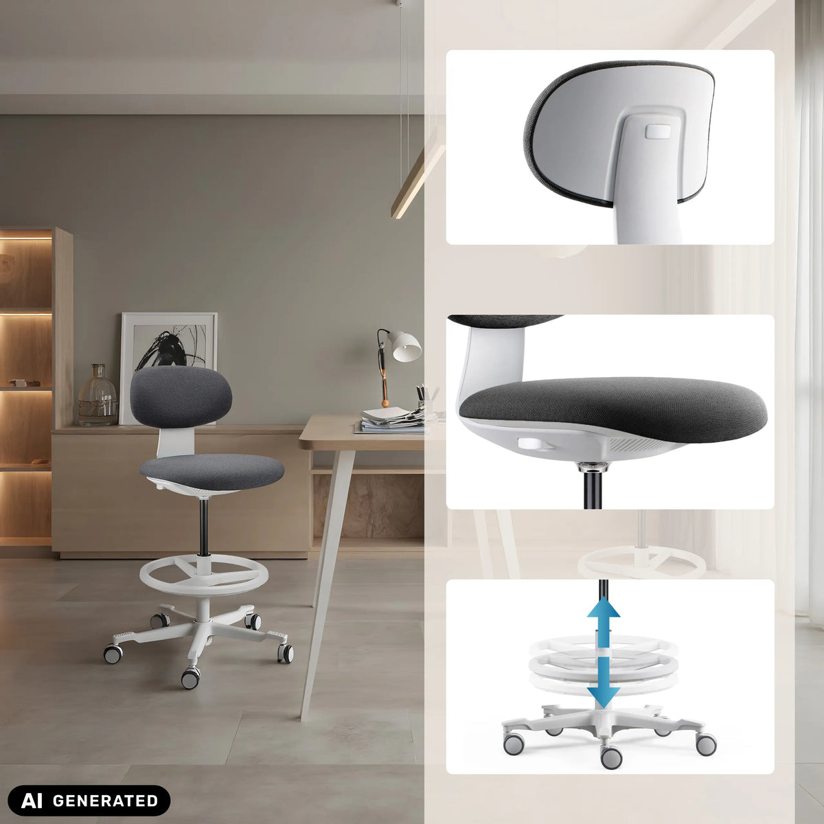 Réglage de la hauteur et repose-pieds de la chaise de travail WORK MF2 W en gris foncé de hjh OFFICE (image générée par IA)