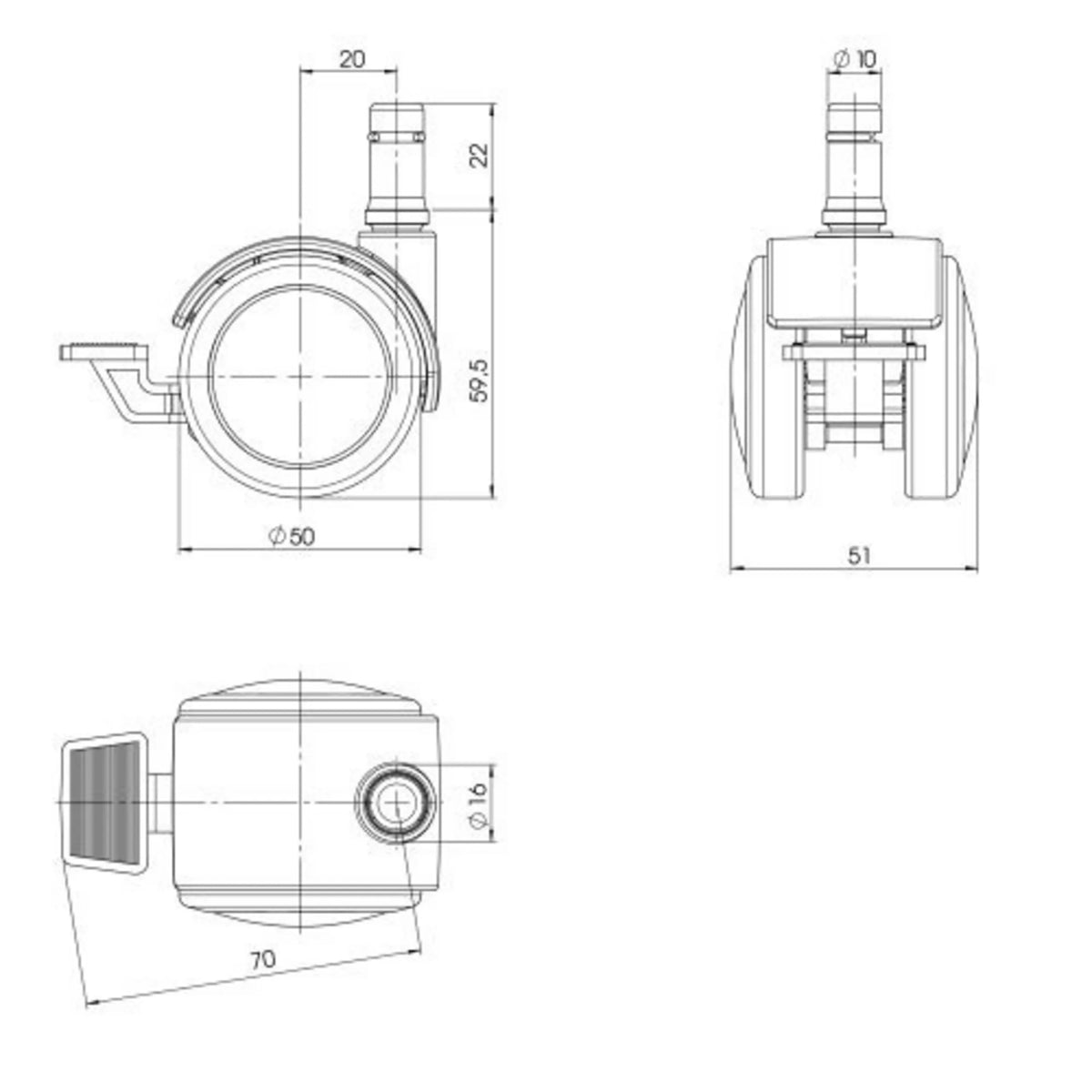 Dessin technique des Roulettes 5x ROLO STOP 10mm/50mm avec un diamètre de 50 mm de hjh OFFICE