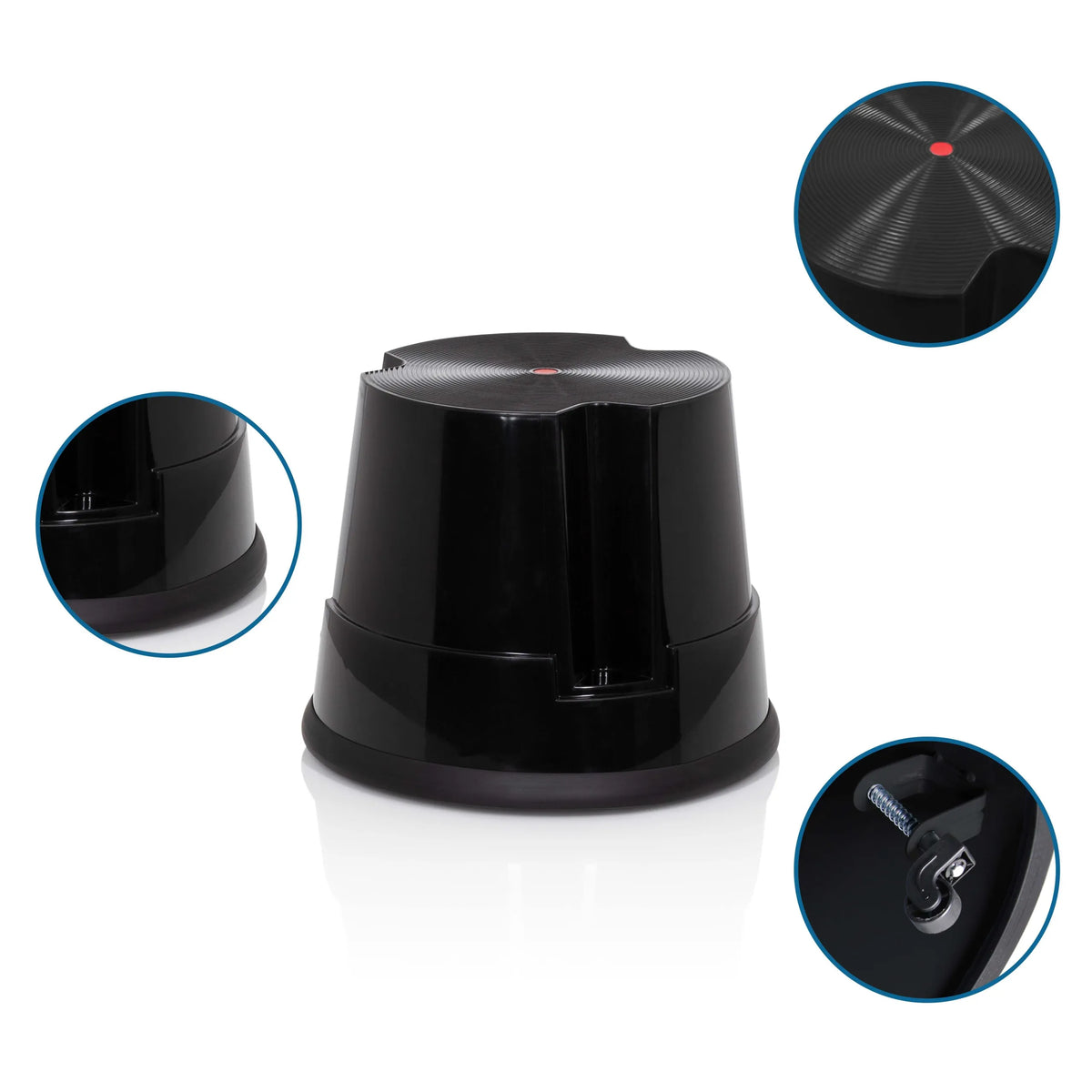 Tabouret marchepied TIO-S noir avec surface antidérapante et vues détaillées de la base et de la structure de hjh OFFICE