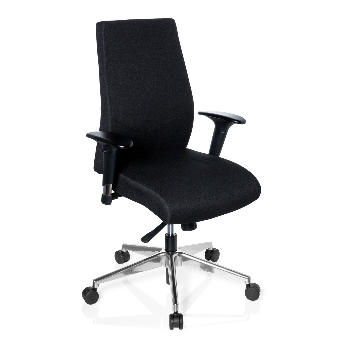 Siège de bureau de qualité professionnelle PRO-TEC 250 noir avec accoudoirs et pied à cinq roulettes de hjh OFFICE – vue à 360° (vue de trois quarts avant 40°)