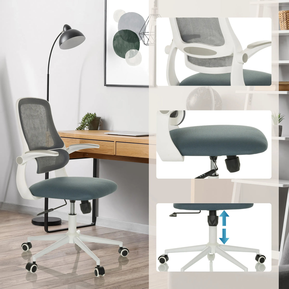 Siège de bureau à domicile MIKO W ECO en gris avec dossier en maille, hauteur d'assise réglable et roulettes de hjh OFFICE