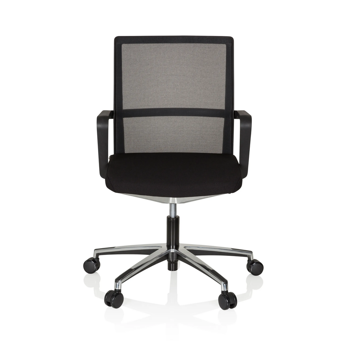 Siège de bureau de qualité professionnelle MOVE-TEC NET 3D noir avec dossier en maille et base à cinq roulettes de hjh OFFICE – vue à 360° (vue de face 0°)