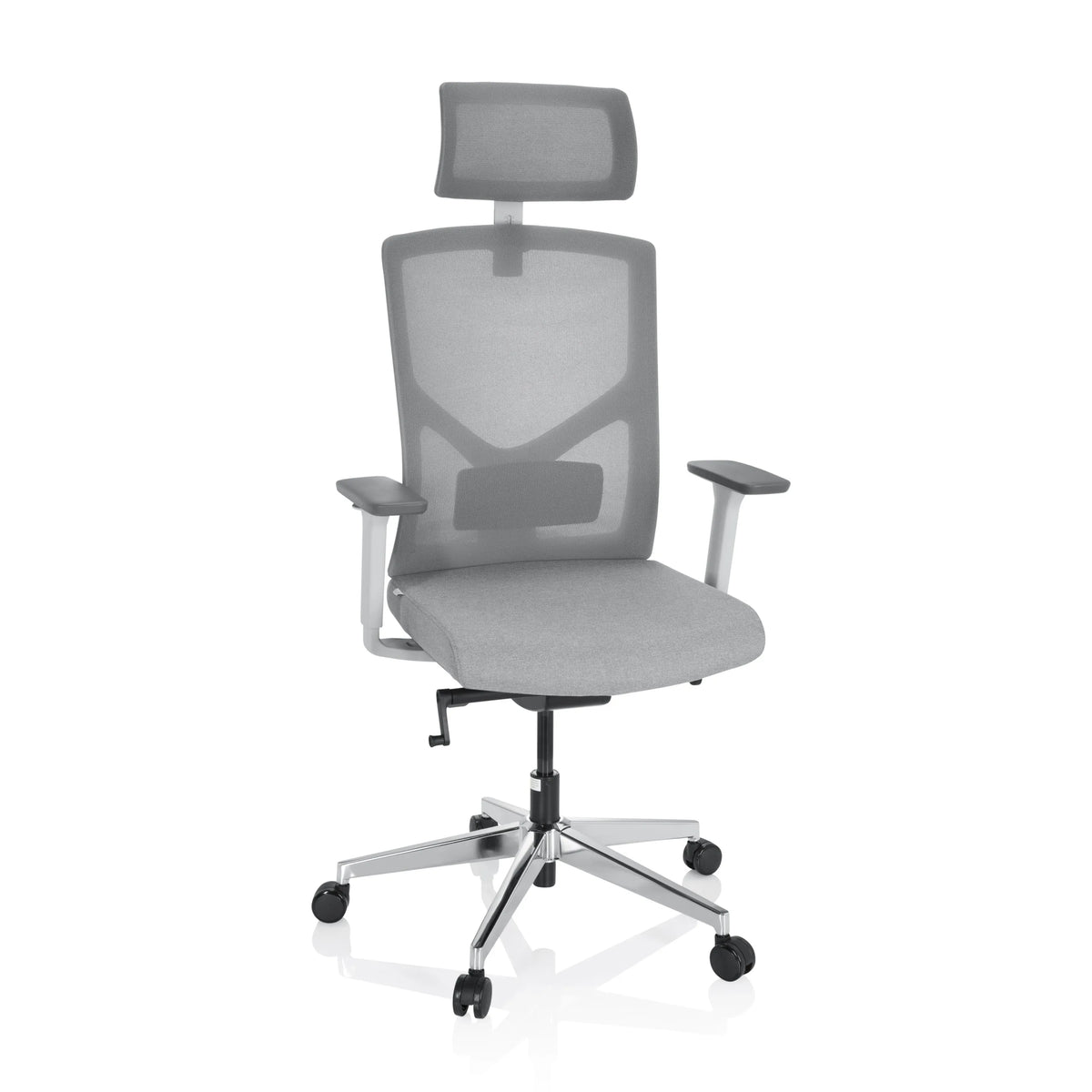 Siège de bureau de qualité professionnelle BRETON PRO W gris avec dossier en maille, appui-tête et piètement à cinq roulettes de hjh OFFICE – vue à 360° (vue de face 20°)